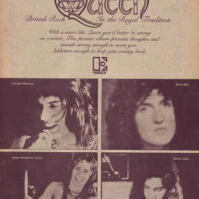 promotion for queen's first album, look for John's name